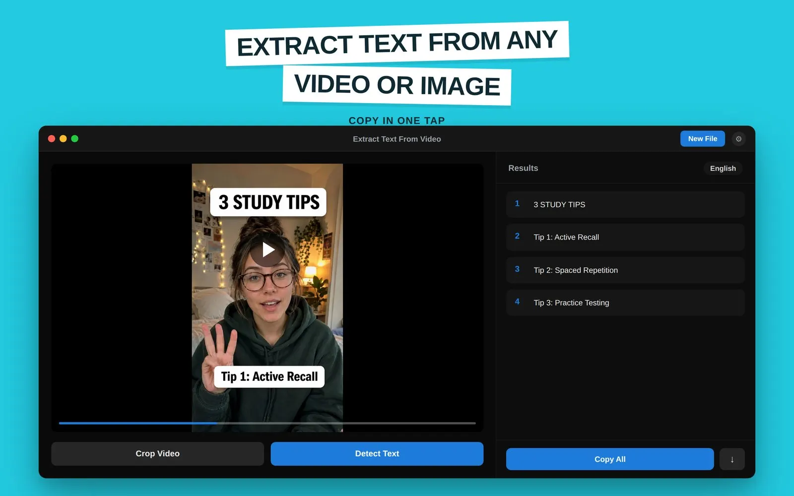 Extract text from video on Mac: study tips detected from a video and listed in the Results panel, ready to copy