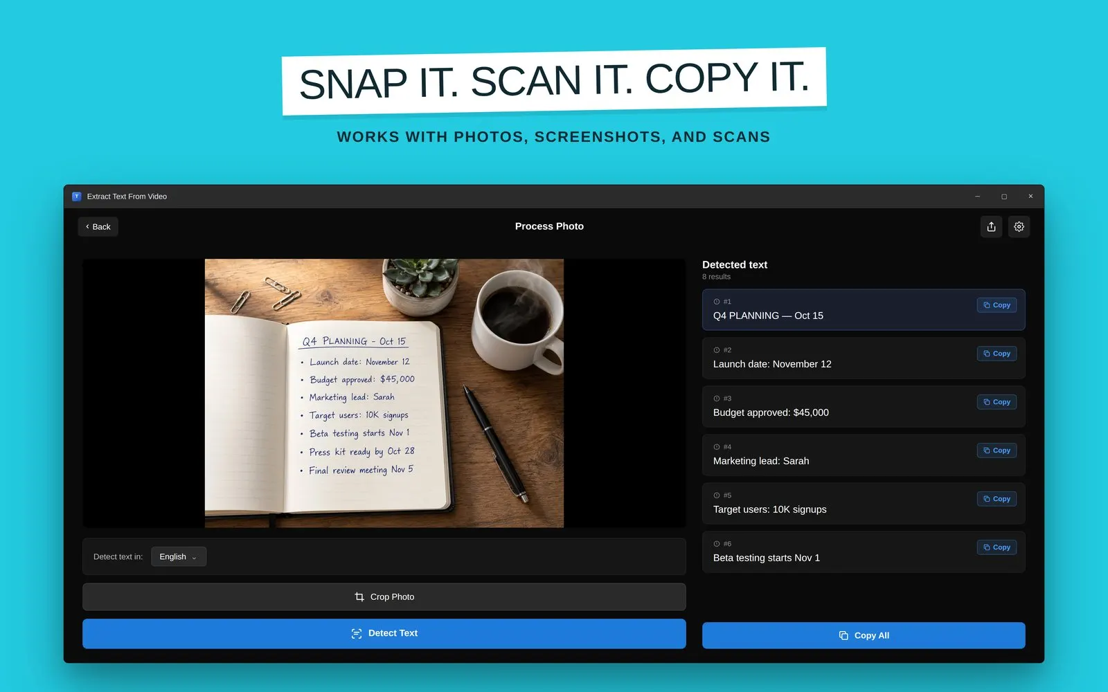 Extract text from photo: handwritten notes scanned into copyable text lines with crop tool